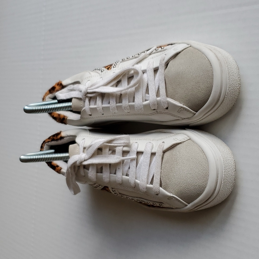 Zara White Studded Sneakers with Leopard Print Shoes Size EU 37 US 6.5 - Picture 2 of 8